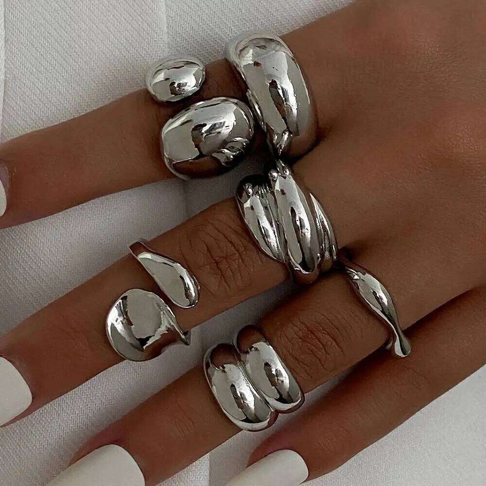 Ingemark 6Pcs/Set Classic Irregular Water Drop Open Rings for Women New Trend Punk Gold Color Geometric Ring Couple Jewelry Gift XJ260130