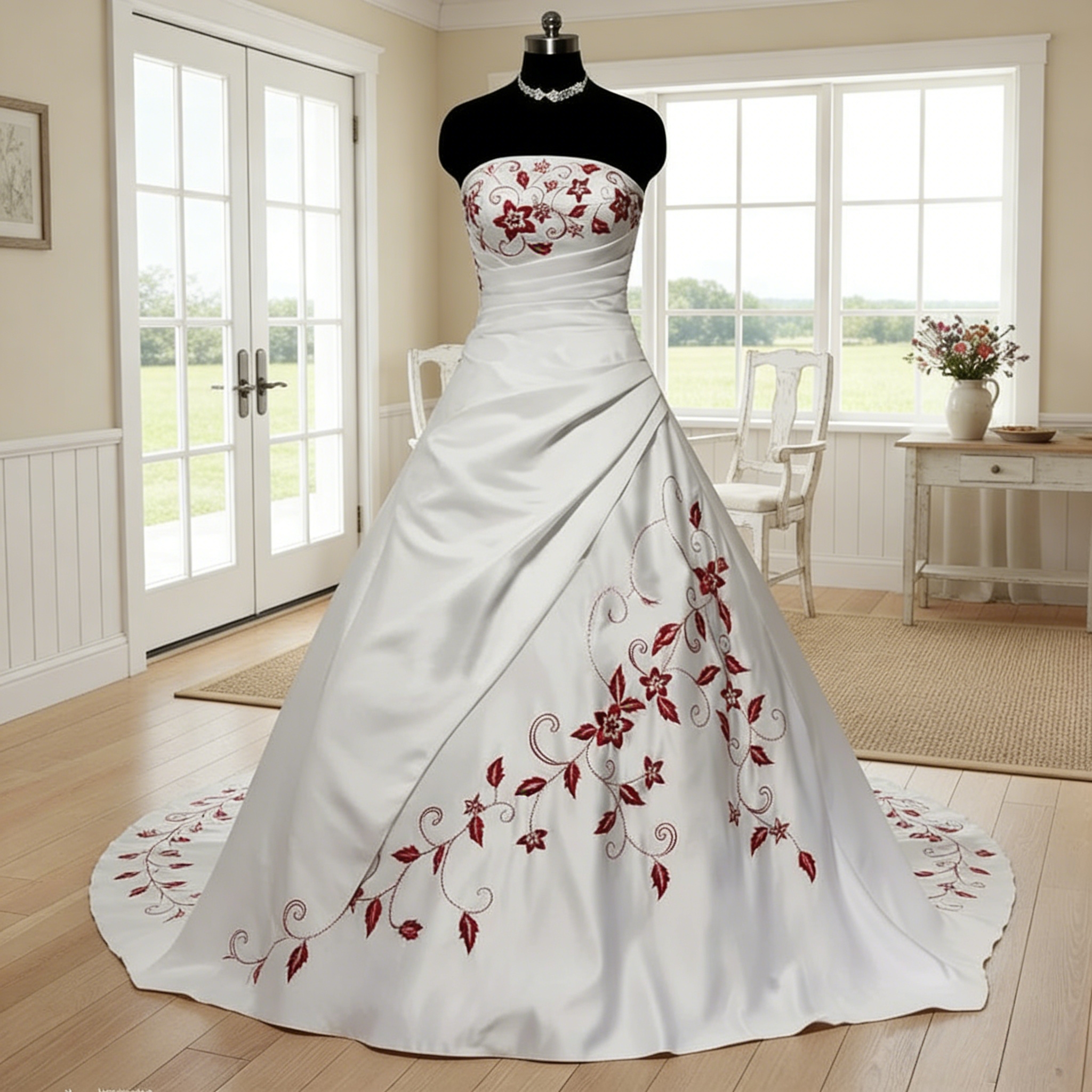 Elegant Burgundy Embroidery Wedding Dresses White Satin A-Line Bridal Gowns Court Train 2026 Chic Bride Dress