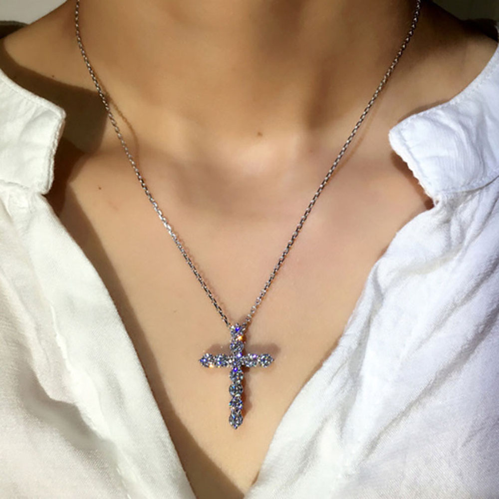 Hip HopTitanium Steel CZ Crystal Cross Pendant Necklace 18K White Gold Plated Cubic Zirconia Necklace for Women Shiny Lovers Diamond Necklace Wedding 