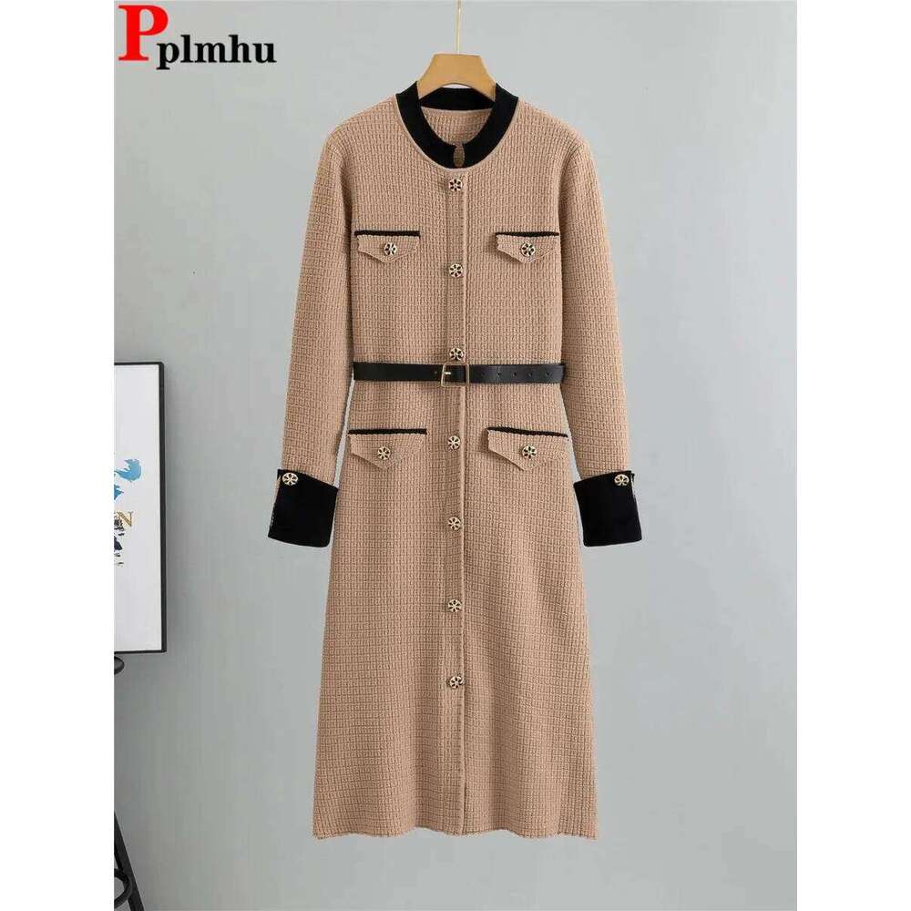 Elegant Fashion A-lined Knit Dress Women O-neck Knitwears Long Sleeve Vestidos Korean Design Slim Mid Length Dresses With Belt XJ260130