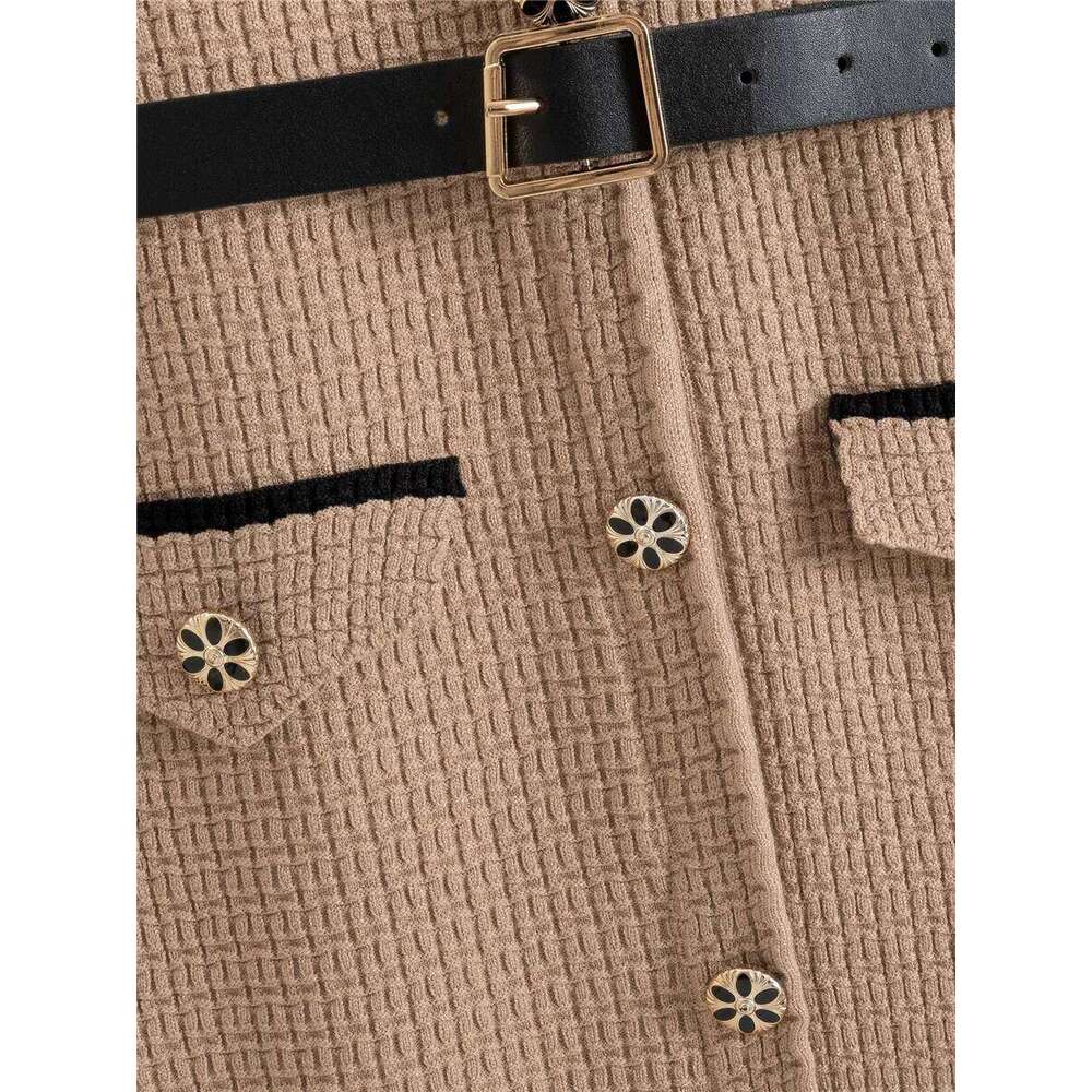 Elegant Fashion A-lined Knit Dress Women O-neck Knitwears Long Sleeve Vestidos Korean Design Slim Mid Length Dresses With Belt XJ260130