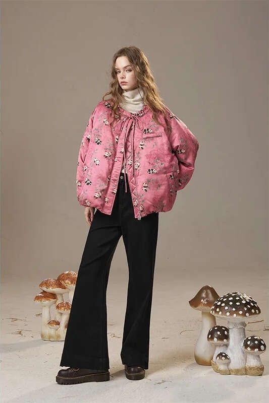 Mardi Hefxessdr ELFSACK Women s Pink Panda Puffer Jacket with Drawstring Warm Quilted Winter Coat Cute Floral Print Casual Street Style