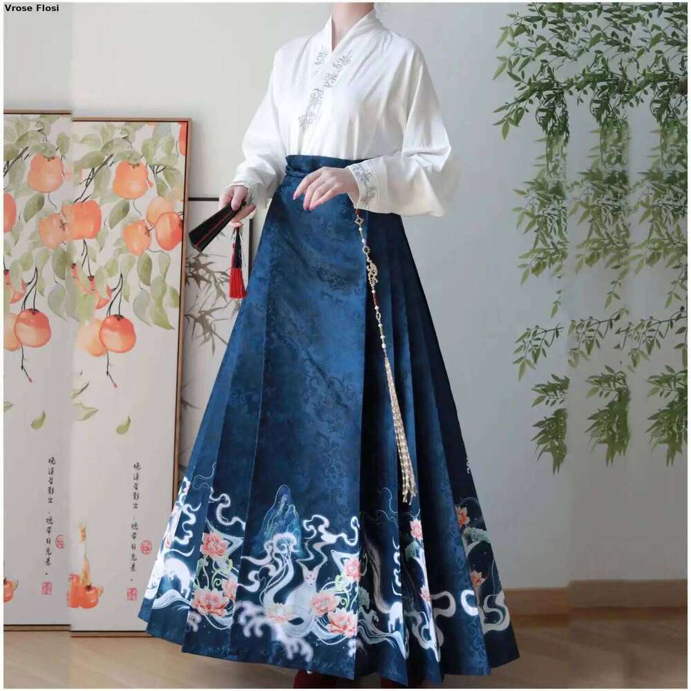 Vintage Women Traditional Cardigan + Blue Pleated Mamian Chinese Hot Hanfu Shirt Horse Face Skirt Set