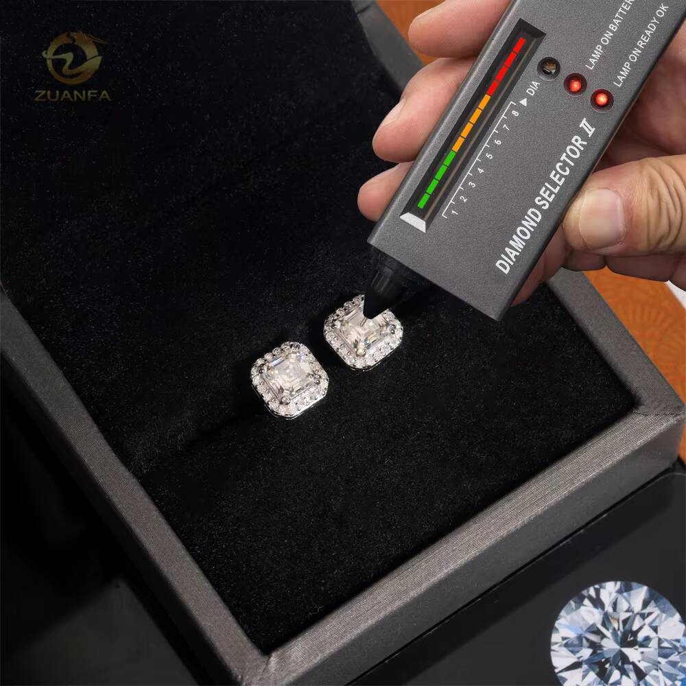 Luxury Halo Design Asscher Cut Stud 925 Sterling Silver Mens Hip Hop VVS Moissanite Earrings