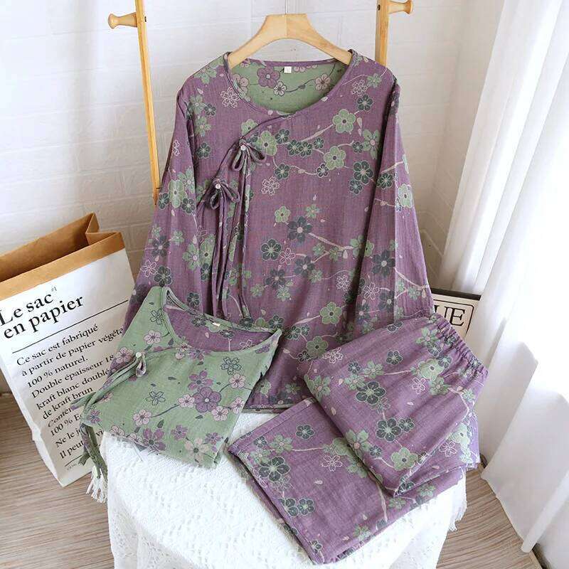 Mardi Hefxessdr National Style Women s Thin Spring Summer Color Woven Cotton Pullover Sleepwear Set Loose and Comfortable Home Pajamas