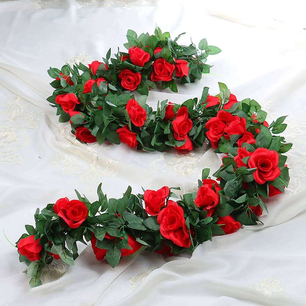 Artificial Rose Realistic Faux Flowers Decorative Garland Lifelike Red Roses Plastic Vine Indoor Outdoor Wall Decor W260130