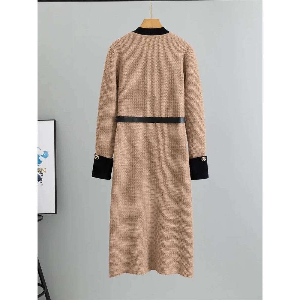Elegant Fashion A-lined Knit Dress Women O-neck Knitwears Long Sleeve Vestidos Korean Design Slim Mid Length Dresses With Belt XJ260130