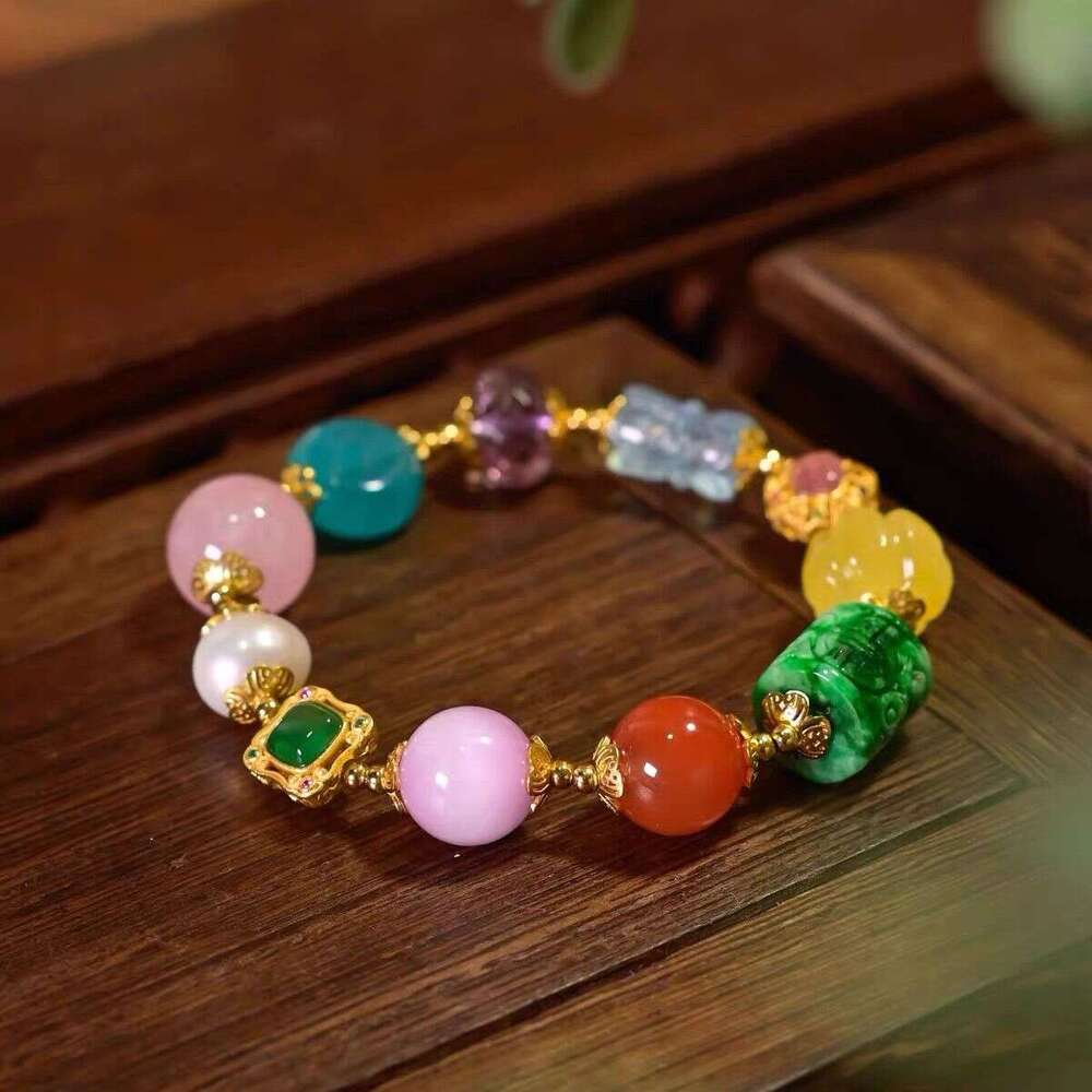 New Chinese Multi-Gemstone Handheld Jade String Natural South Red Aquamarine Sugar Cube Wealth Attraction Fortune Transfer Tang Style Original Design