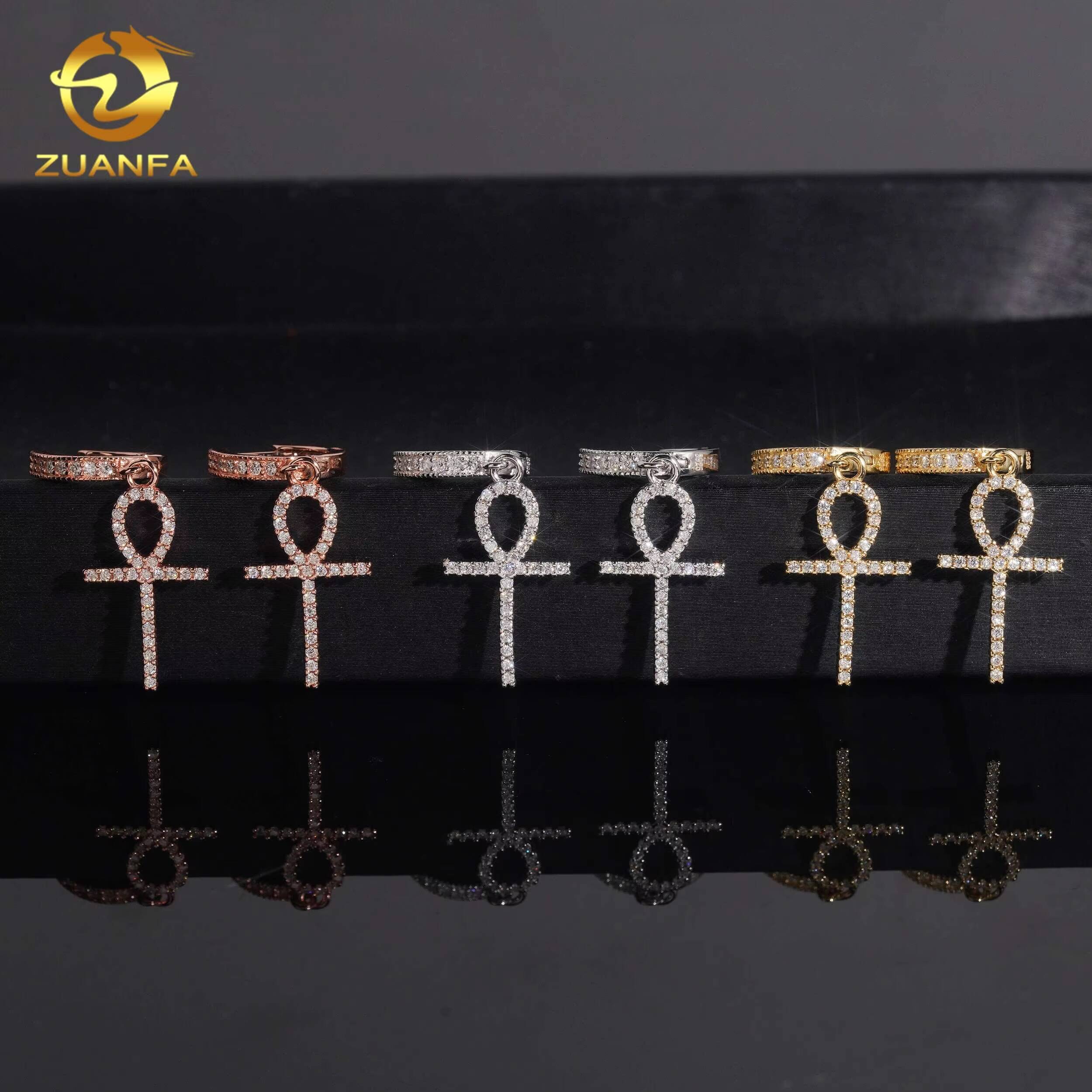 37mm Tall One Row Ankh Cross Stud Earrings Moissanite 925 Silver Real Gold Plated Hip Hop Jewelry Mens Moissanite Earrings