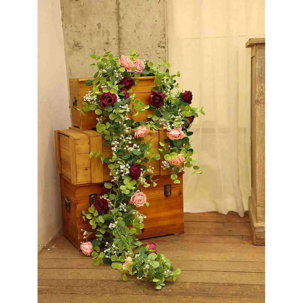 1pc 5.9FT Artificial Eucalyptus Vine Fake Rose Flowers Gypsophila Garland For Wedding Home Party Craft Art Table Runner Decor Y260130