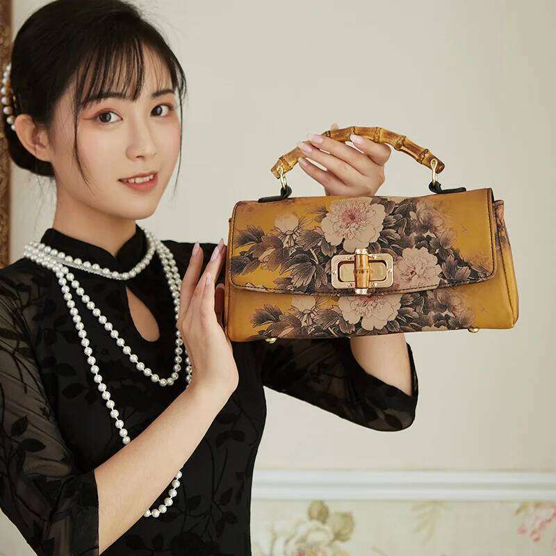Johnature Cheongsam Leather Handbag New Vintage Print Women Bag Handmade Elegan Ladies Shoulder Crossbody Bags KABAHEBINGJUE