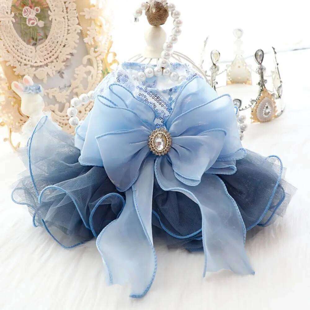 Gown Fluffy Princess Dress Cute Blue Puppy Fairy Skirt Breathable Big Bow Pet Costume Photograph Prop H260129