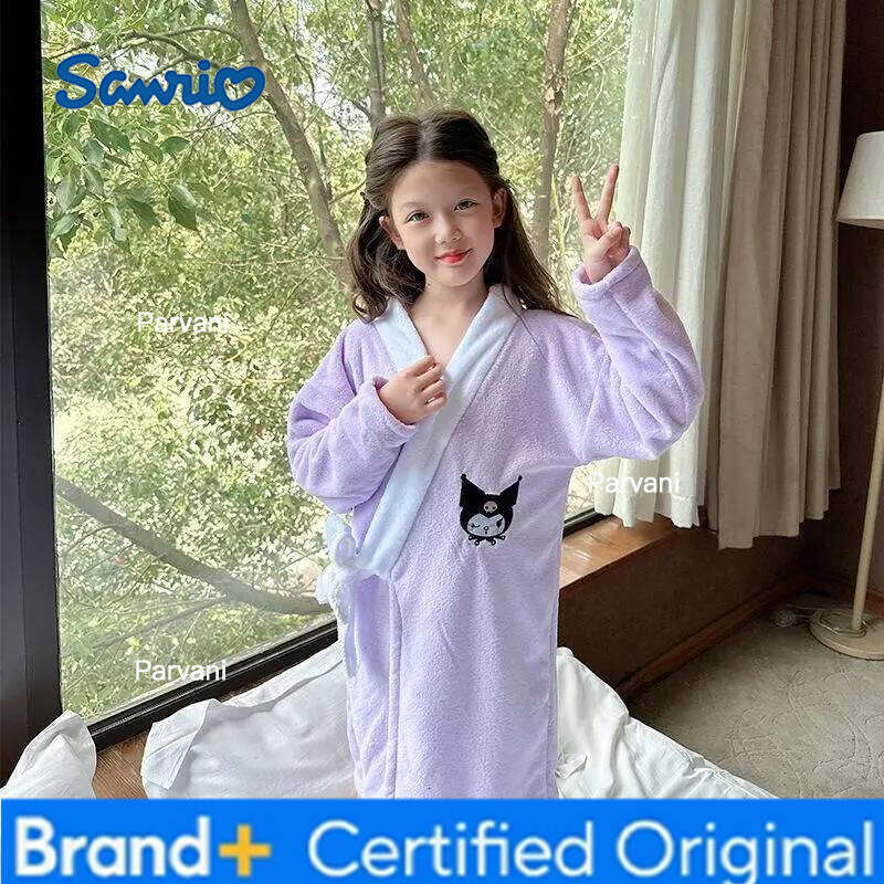 Sanrio Hello Kitty Girl Cartoon Coral Velvet Robe Princess Kawaii Water Uptake Shower Bath Towel Loose Long Sleeves Pajamas New H260130