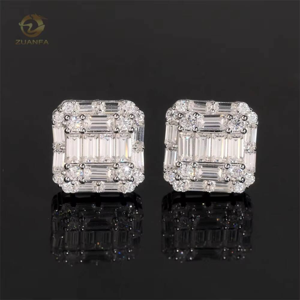 Luxury Baguette Diamond Iced Out Jewelry Gold Plated Hip Hop Moissanite 925 Silver Stud Earrings