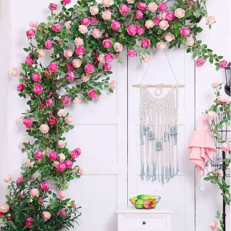 8.2ft Red Rose Artificial Silk Flower Garland Wedding Decor Flowers for Home Room Decoration Autumn Fake Vine Plant Rattan W260130
