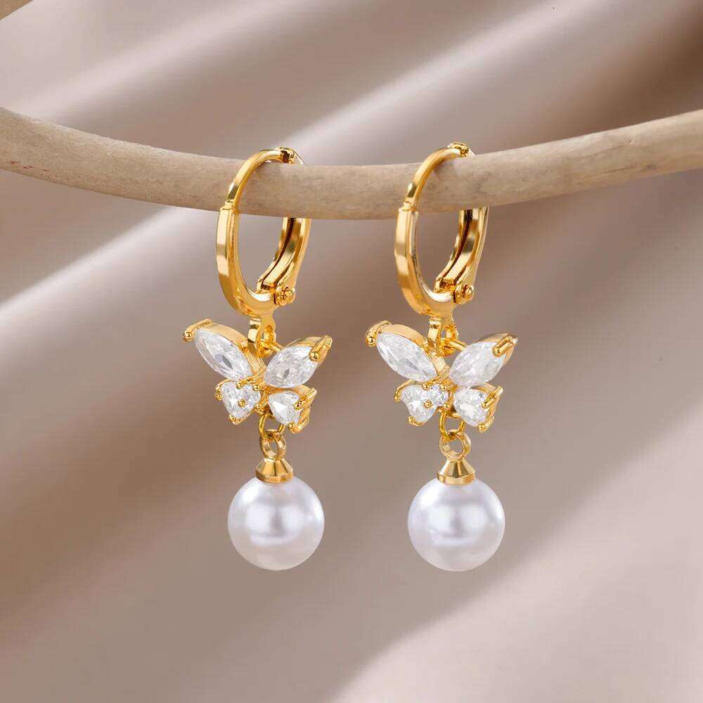 Butterfly Zircon Stainless Steel Pearl Earrings For Women Gold Plated Piercing Earring Aesthetic Luxury Jewelry Gift 2026 New