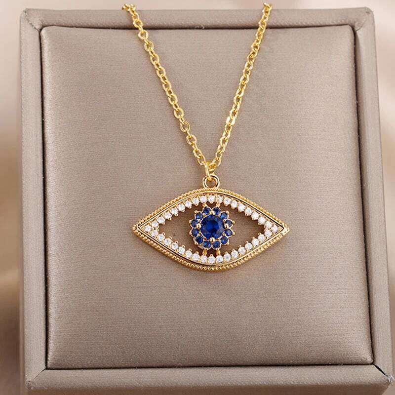 Zircon Blue Evil Necklace for Women Gold Color Stainless Steel Turkish Eye Pendant Necklaces Lucky Jewelry Gift collier femm