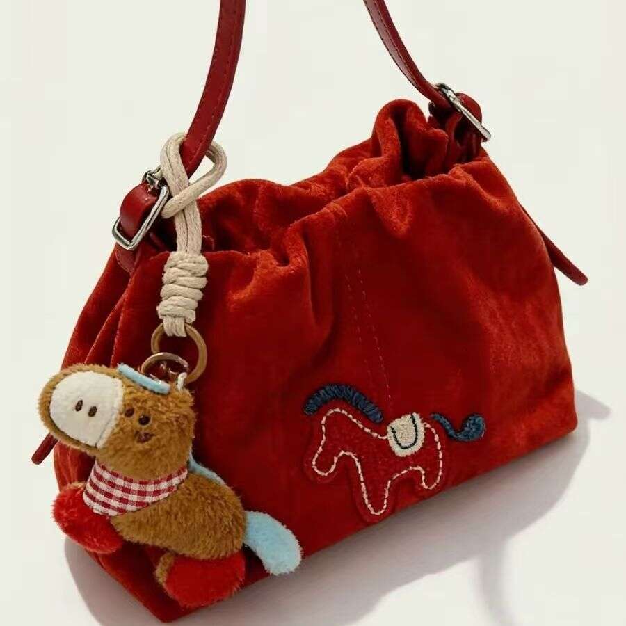 2026 New Year Cute Pony Embroidered Drawstring For Women Red Single Shoulder Crossbody Bag Versatile Handbag Evergwish