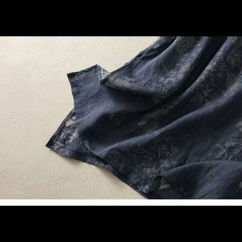 Women's Chinese Style Floral Print Linen Mandarin Collar Loose Fit Short Sleeve Midi Dress