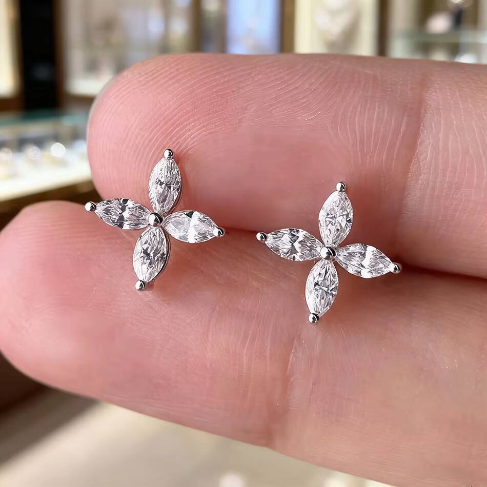 Classic Huacan Luxury 18K Gold Marquise Cut Lab Diamond Clover Flower Stud Earrings Trendy Designer Daily Wear