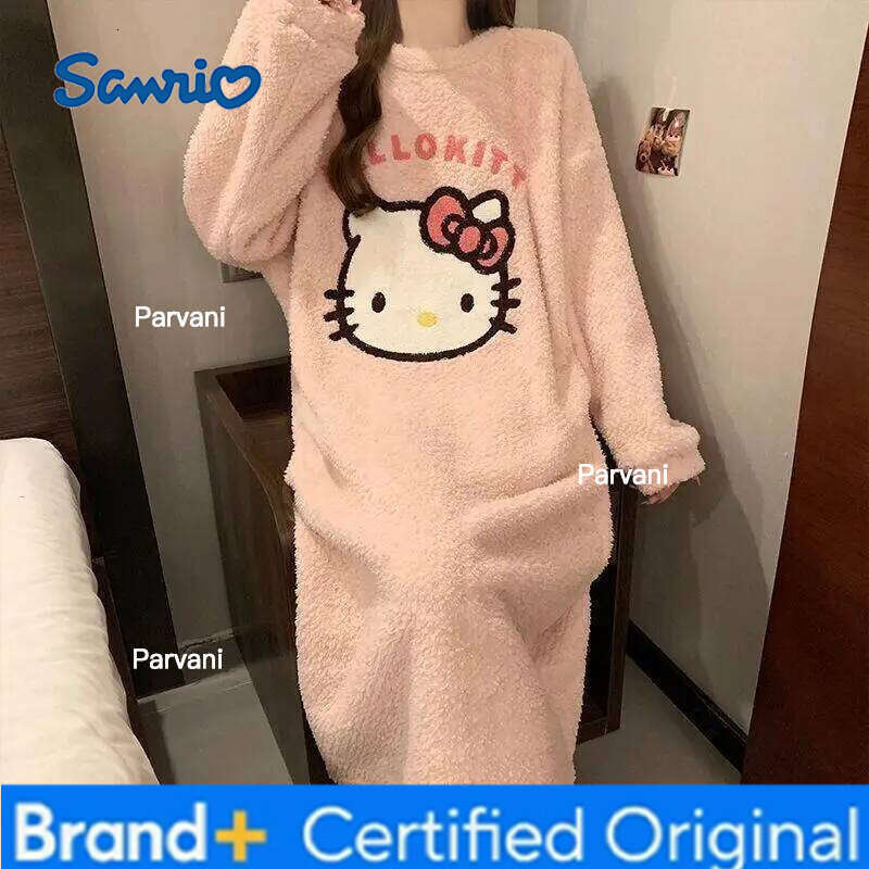 Sanrio Hello Kitty Cartoon Women Sleep Dress Coral Fleece Thickened Student Dormitory Sweet Mid Length Homewear Autumn Winter H260130