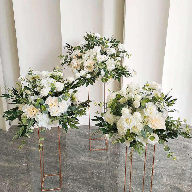 White Rose Green Willow Leaves Artificial Flower Ball Road Lead Floor Floral Wedding Welcome Sign Decor Hang Flowers Party Props W260130