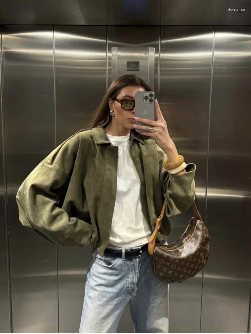 Women's Jackets 2026 Spring Suede Texture Effect Loose Version Of Fashion Lapel Shoulder Bomber Jacket
