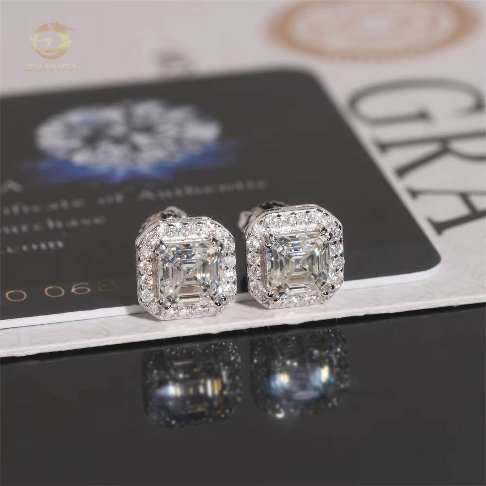 Luxury Halo Design Asscher Cut Stud 925 Sterling Silver Mens Hip Hop VVS Moissanite Earrings