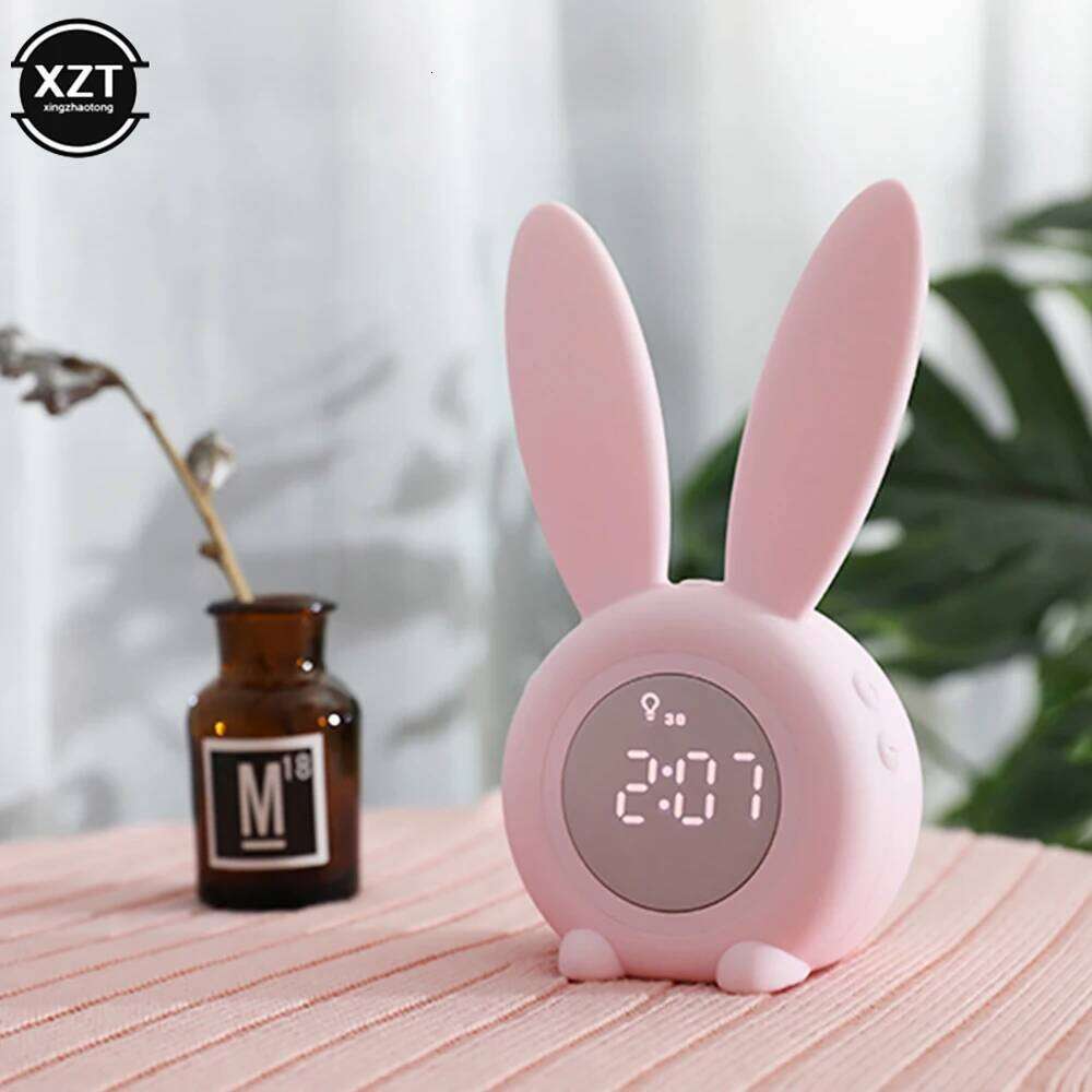 Mini Cartoon Digital Alarm Electronic LED Display Sound Control Cute Rabbit Night Lamp Desk Rechargeable Clock W260130