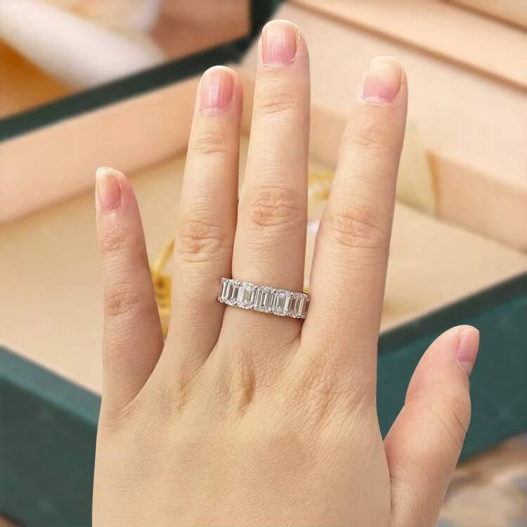 Moissanite 3x5 MM 4x6MM DEF VVS Emerald EX Cut S925 Jewelry Starsgem Wedding Band White Gold Plated Sterling Silver Ring