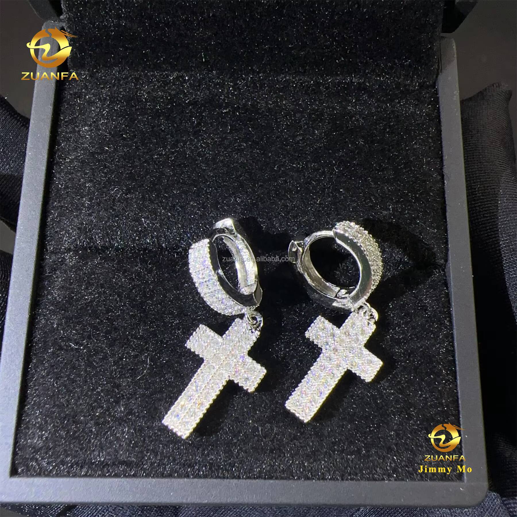 Bulk Stock Best Selling Drop Shipping Gold Plated 925 Silver Iced Out Hip Hop Moissanite Diamond Cross Shape Drop Earrings Men