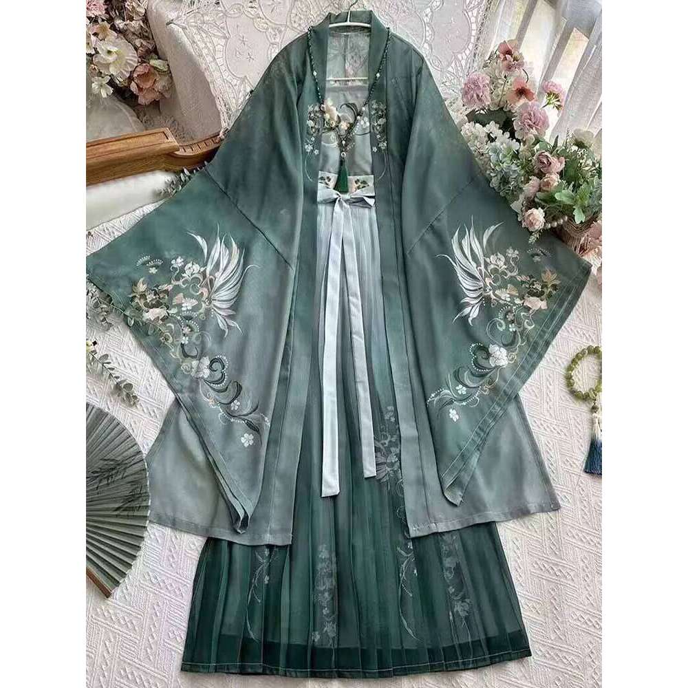 Hanfu Dress Women Chinese Traditional Vintage Hanfu Female Halloween Cosplay Costume Printed Hanfu Green 3pcs Sets Plus Size XL