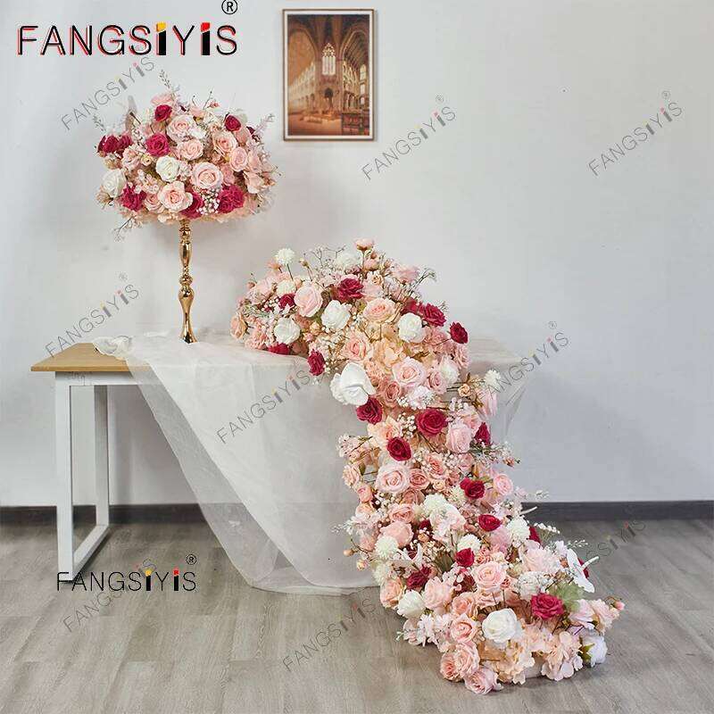 Brand-new Pink Rose Hydrangea Flower Row Runner Artificial Flowers Wedding Backdrop Decor Floral Wall Party Prop Window Display Y260130