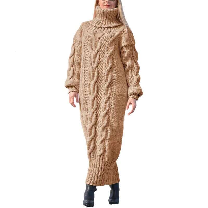 Cross-Border Amazon European and American Autumn Winter New Long High Neck Loose Cable Knit Solid Color Elegant Sweater for Women Casual