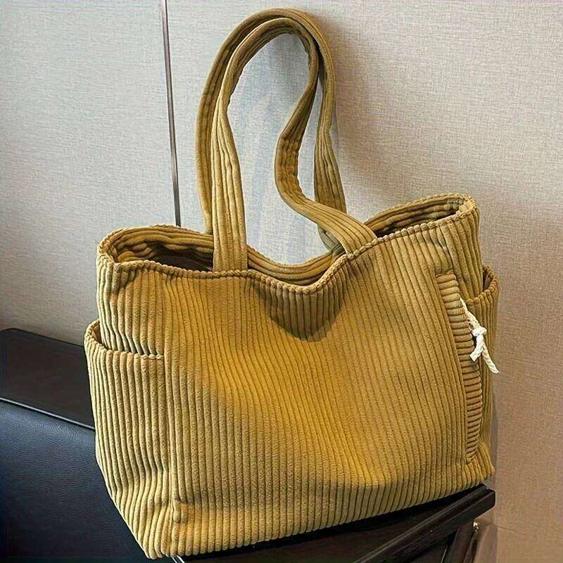 Corduroy Tote with Zipper Closure Light and Large Capacity Fixed Shoulder Strap Solid Color Daily Commuter Handbag Z260130
