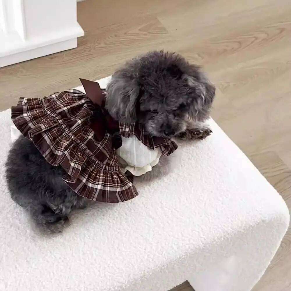 Retro Strap Skirt Breathable Thin Design Cat Plaid Pleated Shirt Soft Flying Sleeve Pet Clothes For Puppy Kittens H260129