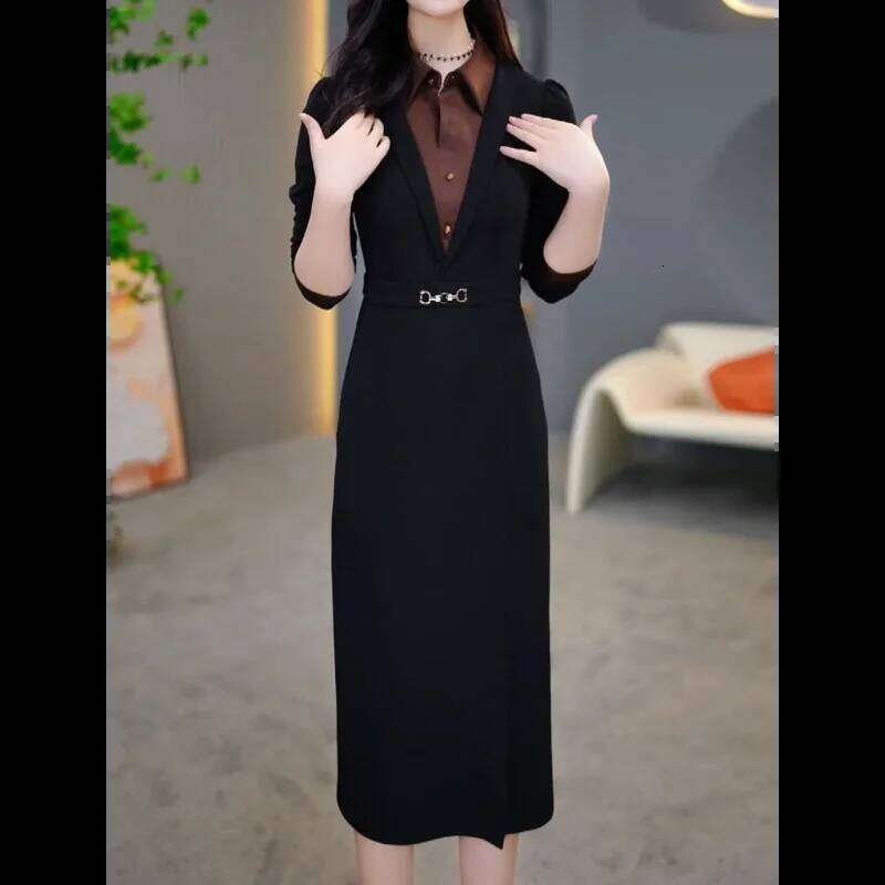 Fashionable Temperament Autumn New Waist Slim Splicing Elegant Dress Mid-length Skirt XJ260130