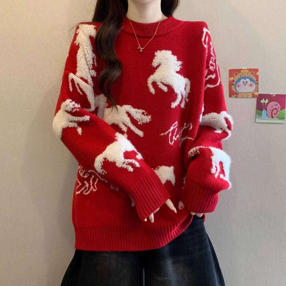 Couple red men s women birth year autumn and winter Chinese New Year Horse thickened knitted sweater jacket luanyun