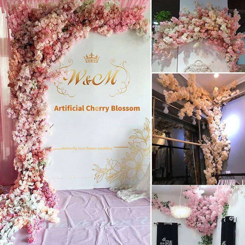 Artificial Cherry Tree Rattan Silk Wedding Background, Wall Flower, Home Decoration Y260130