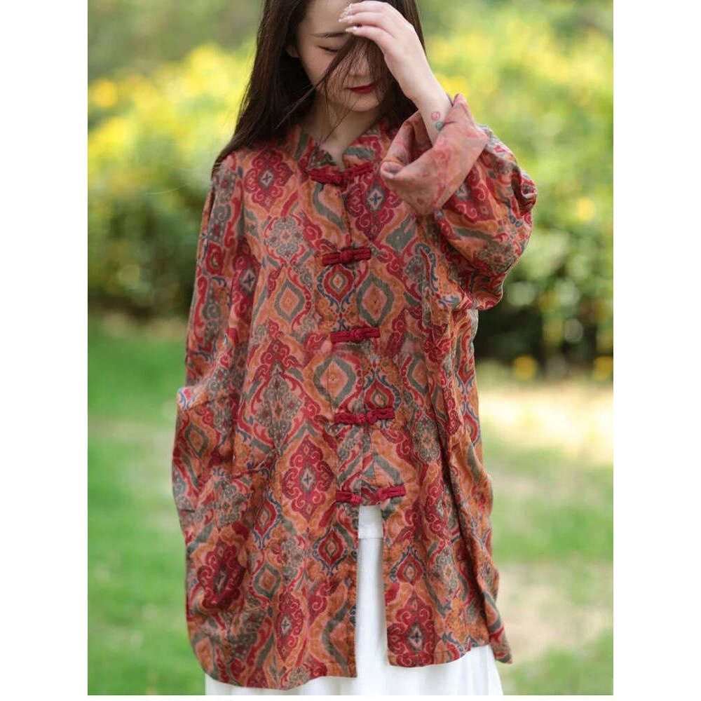 Mardi Hefxessdr cotton linen women printing tang suit chinese style loose national stand collar long sleeve cheongsam button retro top coat