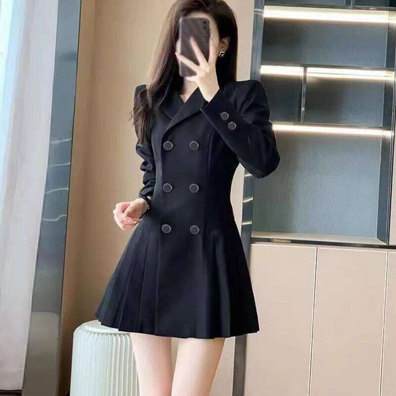 Autumn Winter New Korean Fashion Simpliy Dresses Tailored Collar Long Sleeve Pleated Sweet Trend Solid Color Women's Clothing XJ260130