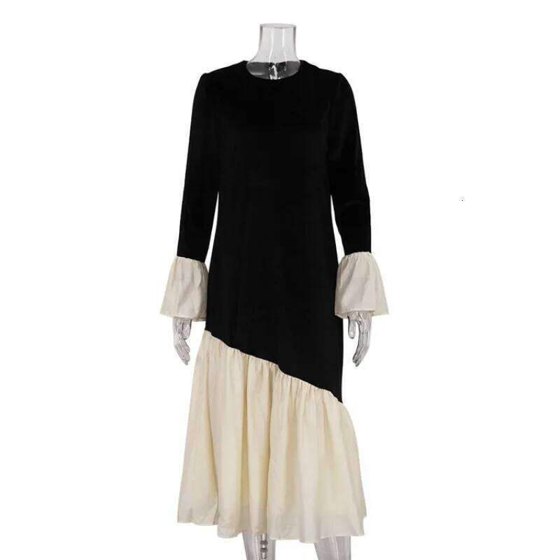 Fall 2025 New French Stitching Design Sense Round Neck Bell Sleeve Dress Fashion Loose Long Skirt Women's Wear XJ260130