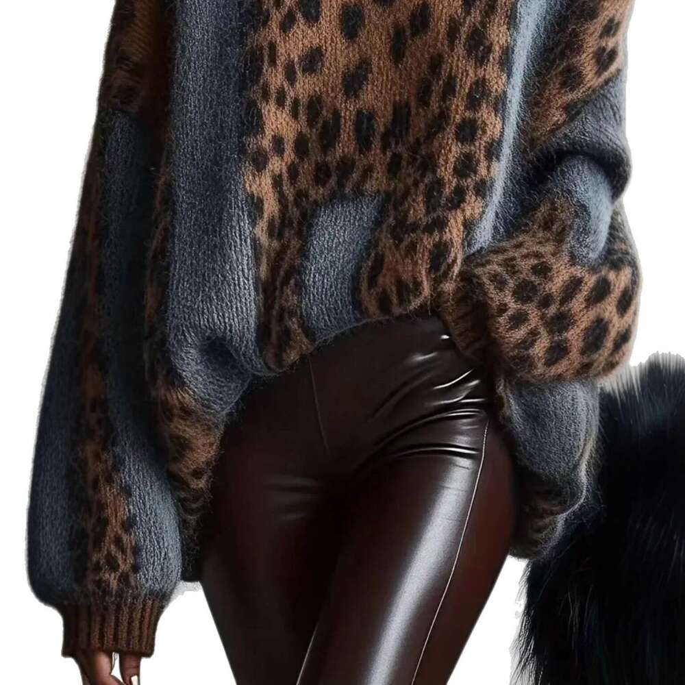 European American Cross-Border Lazy Style Leopard Print Knitted Sweater Women, Autumn and Winter Thickened Loose Vintage Patchwork Top for Women