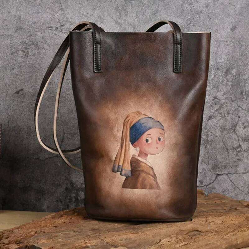 Vintage Women S Shoulder Crossbody Bags Genuine Leather Handmade Bucket Bag First Layer Cowhide Retro Printing Handbag KABAHEBINGJUE