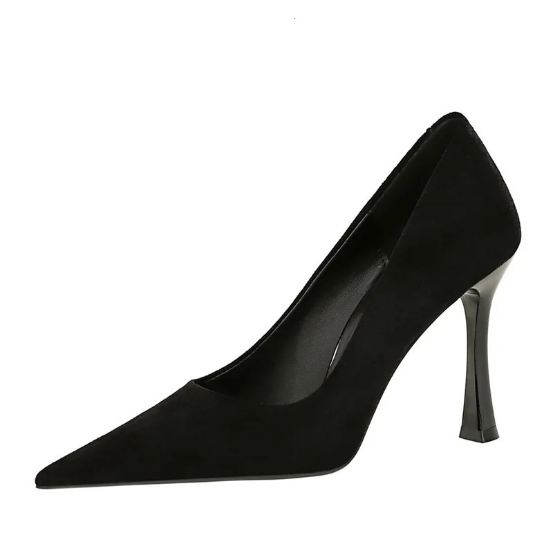 Fashion Suede Black Women Simple Pumps Wine Glasses High Heels Shallow Mouth Pointed Toe Office Comfort Single Shoes 260123