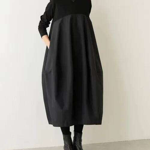 2025 Autumn and Winter New Japanese Korean Round Neck Long Sleeve Knitted Spliced long Dress XJ260130