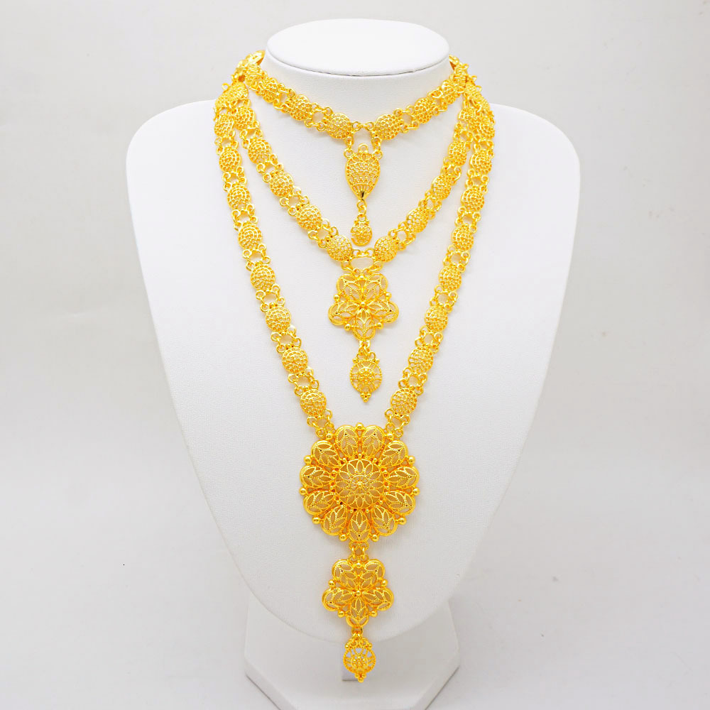 3-layer Gold Plated Dubai Wedding Party Extra Long Necklace Bracelet Earrings Ring 4-piece Set230506
