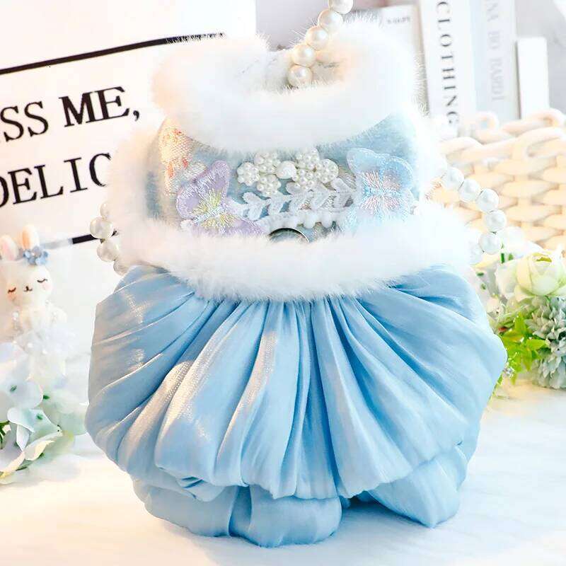 Winter Pink Blue Puppy Clothing Thick Warm Cotton Plush Coat Dress For Small Medium Dog Fashion Chinese Style Pet Clothes Poodle H260129