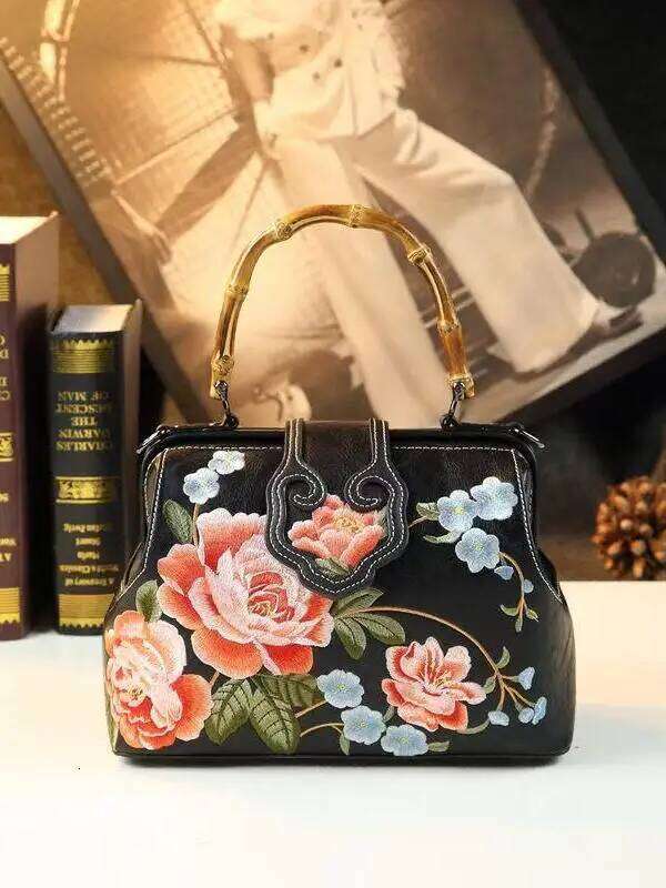 Ele Embroidered Real Leather Bamboo Cane Hand Held Single Oulder For Middle Aged Mothers Chinese Sle Bag KABAHEBINGJUE