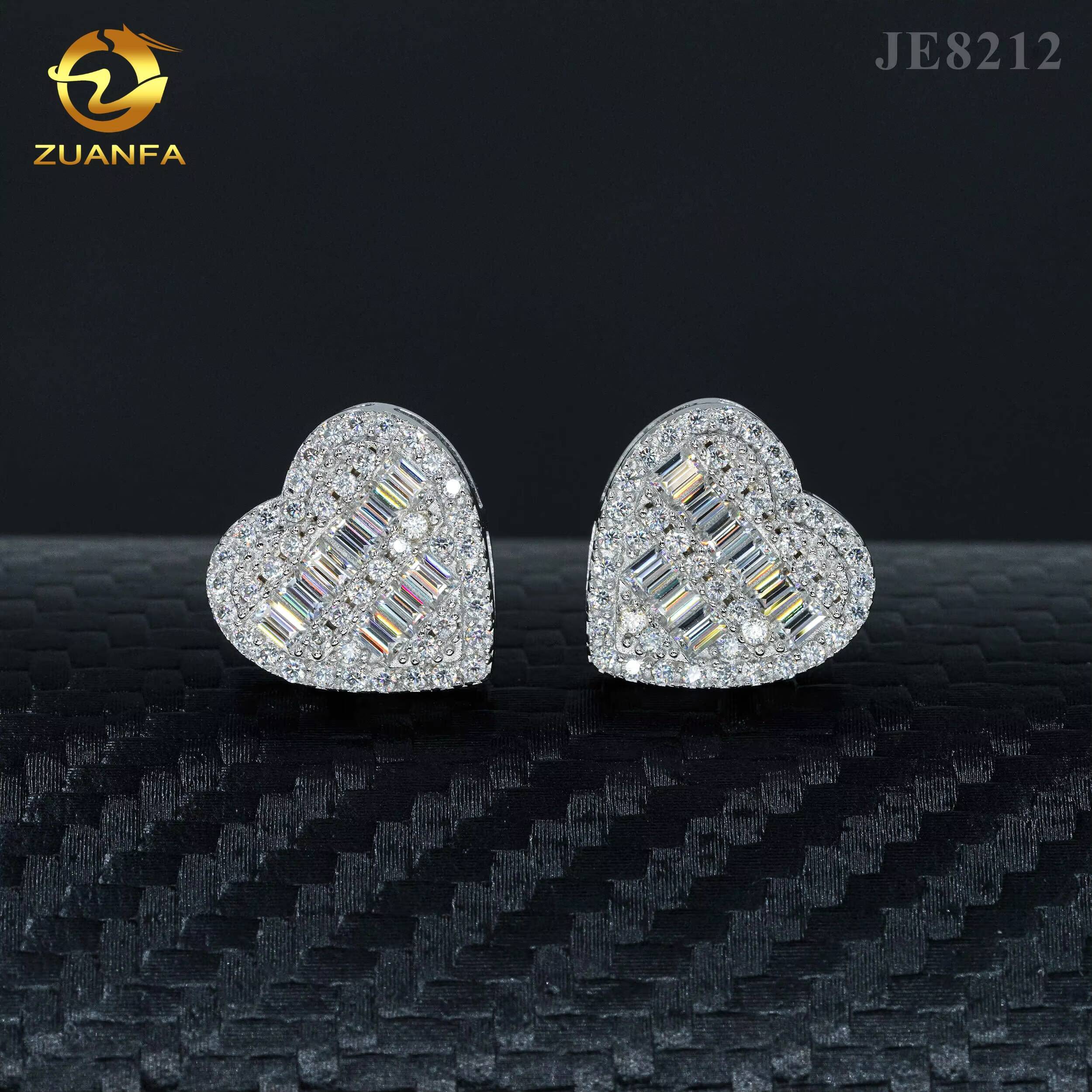 Fine jewelry 925 sterling silver heart design earring studs screw back women men vvs baguette diamond moissanite earring stud